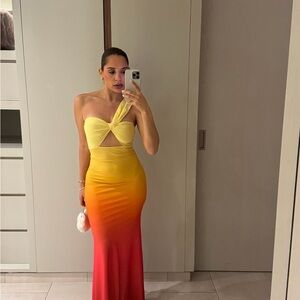 One-Shoulder Ombre Cutout Evening Dress in Yellow to Coral